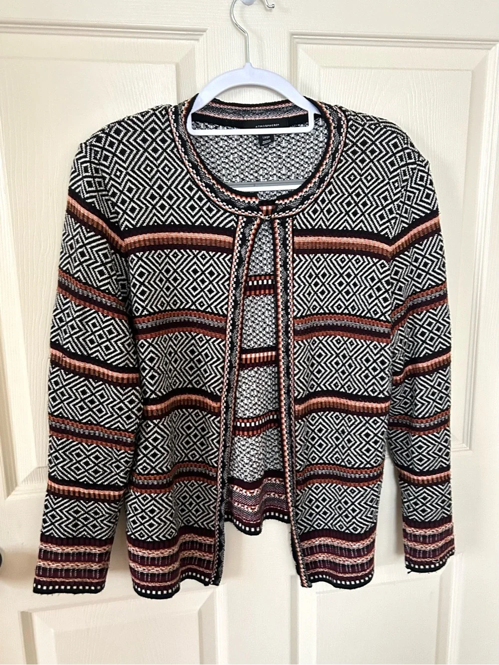 Atmosphere Geometric Knit Open Front Cardigan Size Large Cotton Blend Neutral